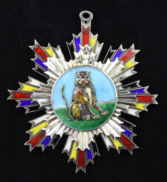 A Republic of China, Order of the Striped Tiger, Fourth Class, silver and enamel breast badge